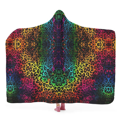 Bright Leopard Skin Hooded Blanket - Micro Fleece Lining Cosy Sherpa Blanket