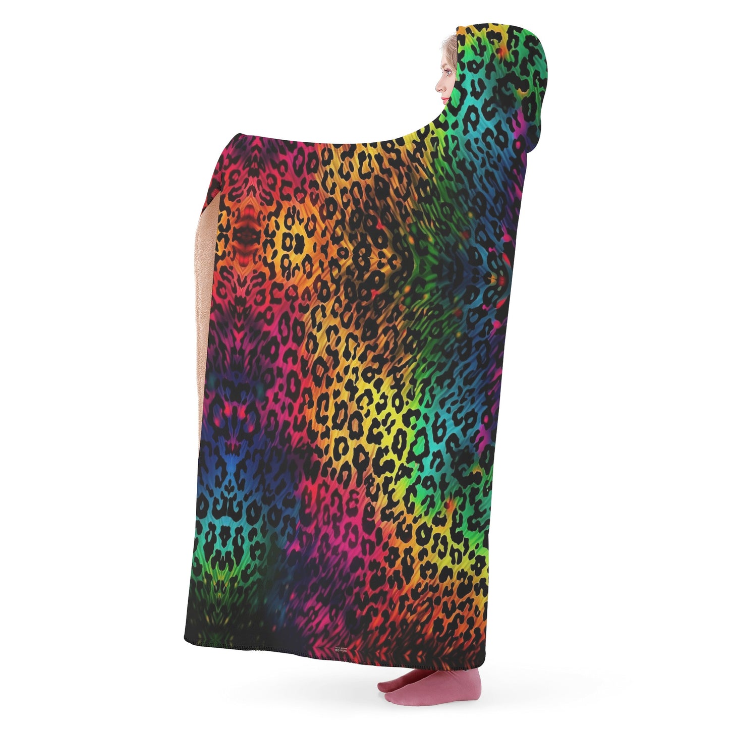 Bright Leopard Skin Hooded Blanket - Micro Fleece Lining Cosy Sherpa Blanket