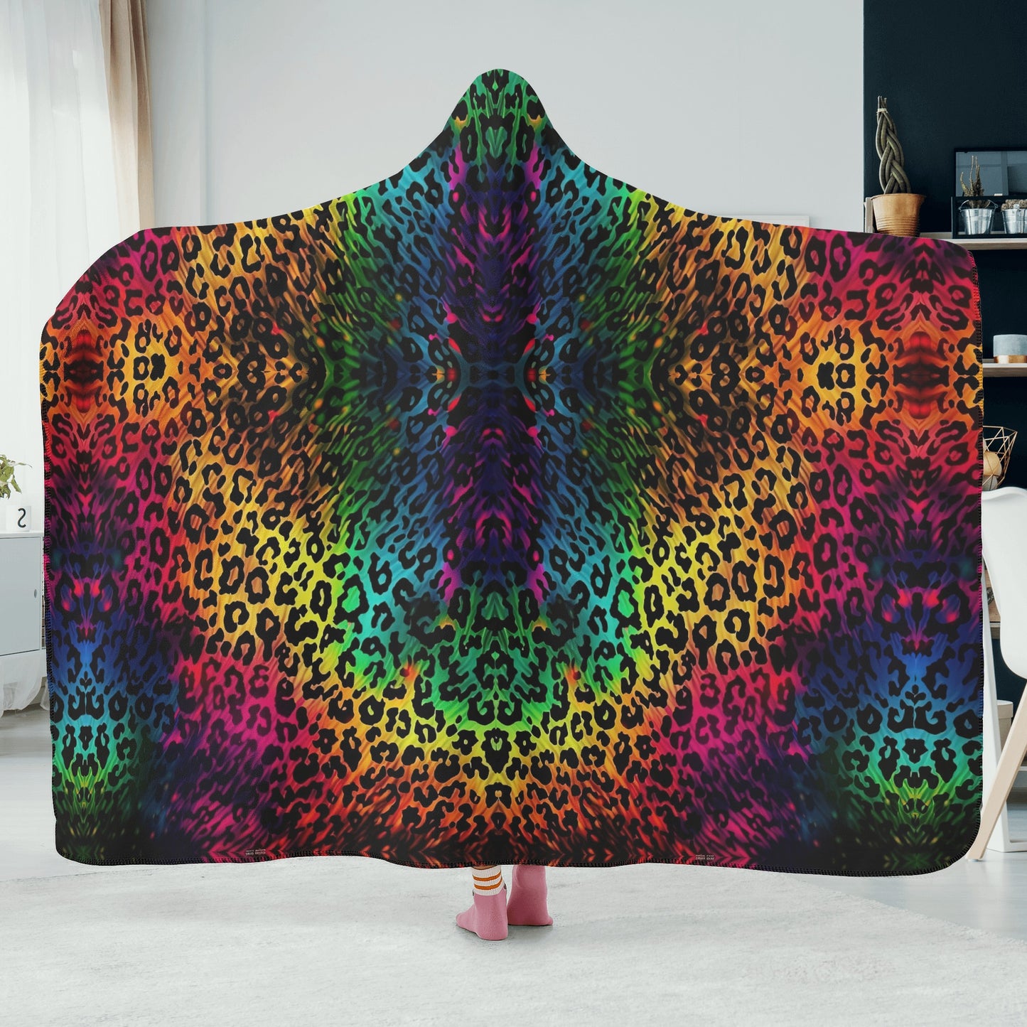 Bright Leopard Skin Hooded Blanket - Micro Fleece Lining Cosy Sherpa Blanket