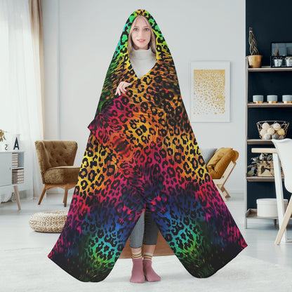 Bright Leopard Skin Hooded Blanket - Micro Fleece Lining Cosy Sherpa Blanket
