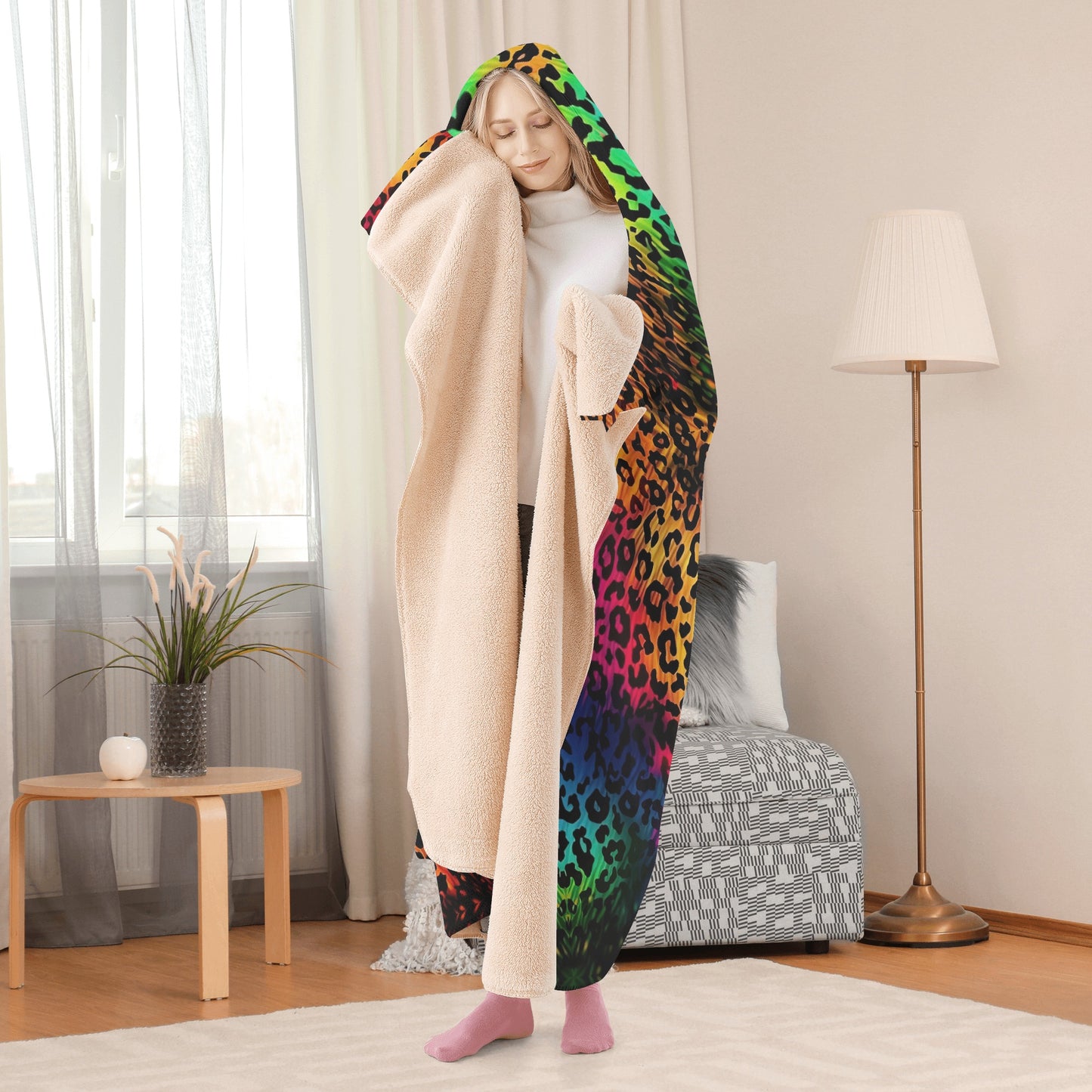 Bright Leopard Skin Hooded Blanket - Micro Fleece Lining Cosy Sherpa Blanket