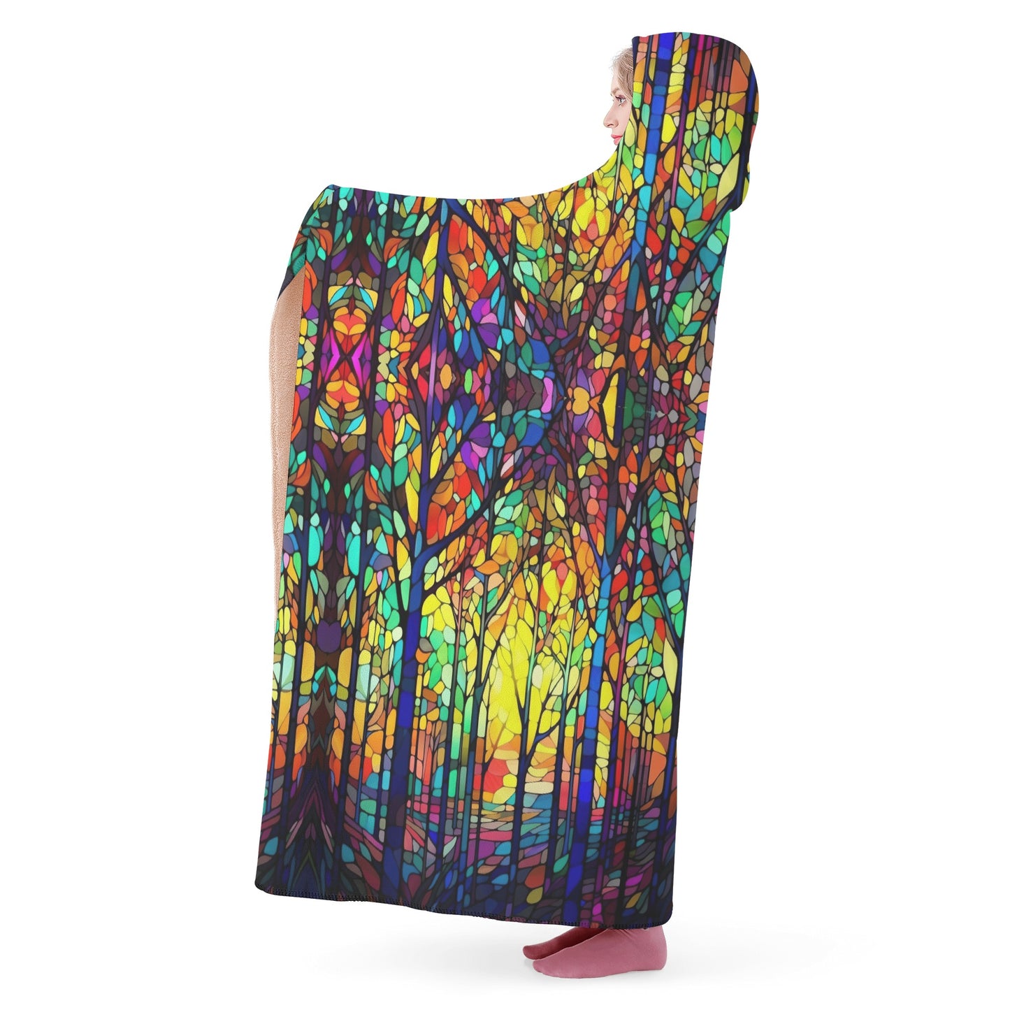 Dark Stained Glass Hooded Blanket - Micro Fleece Lining Cosy Sherpa Blanket