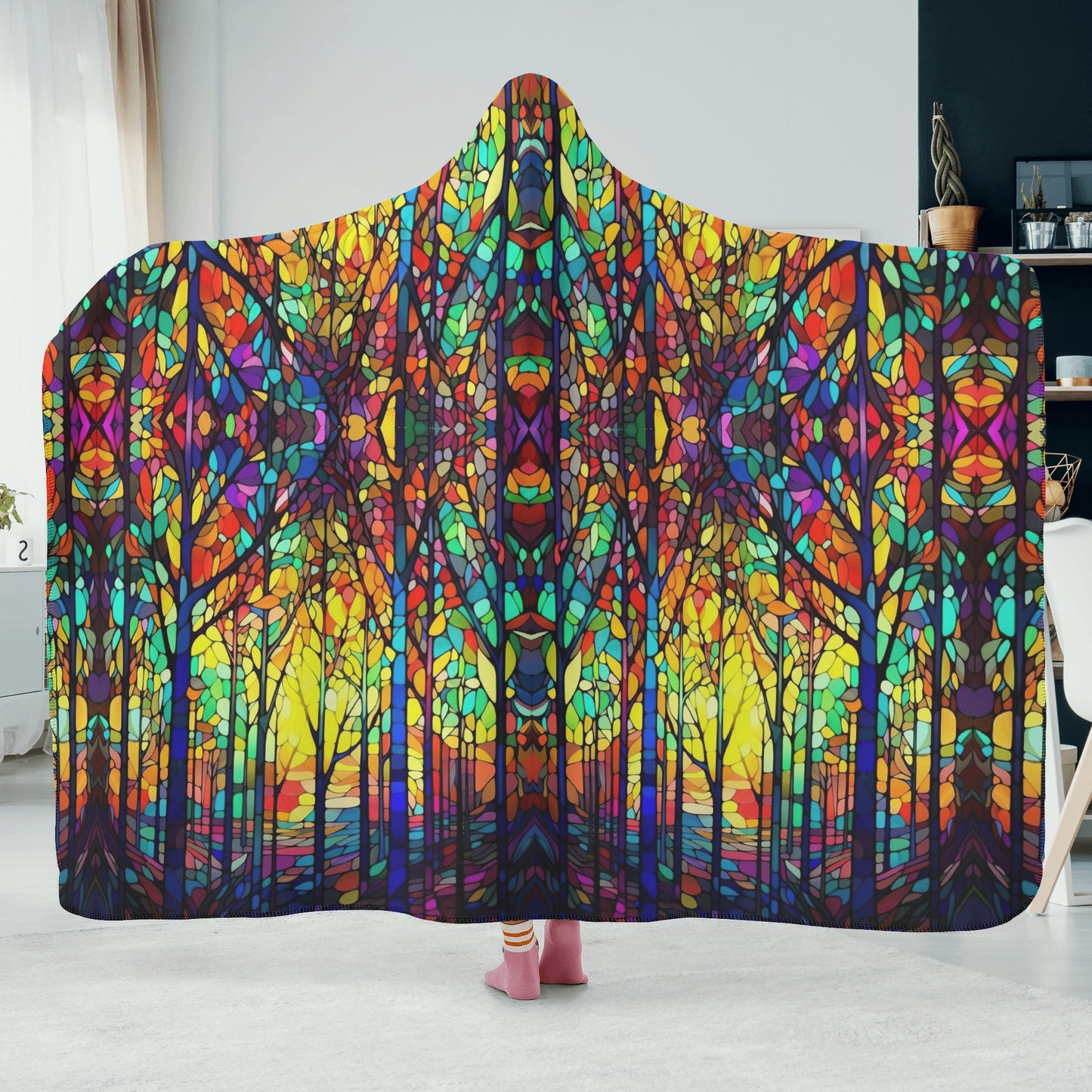 Dark Stained Glass Hooded Blanket - Micro Fleece Lining Cosy Sherpa Blanket