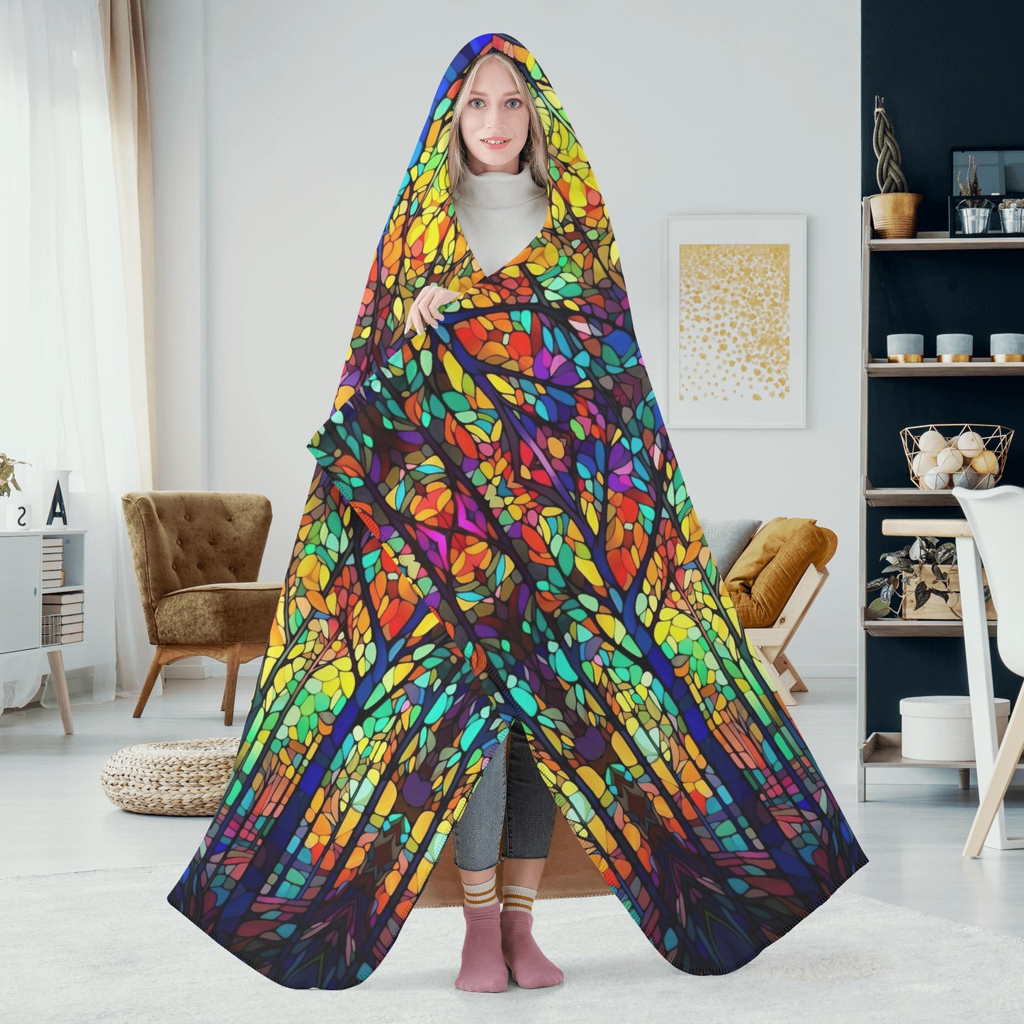 Dark Stained Glass Hooded Blanket - Micro Fleece Lining Cosy Sherpa Blanket
