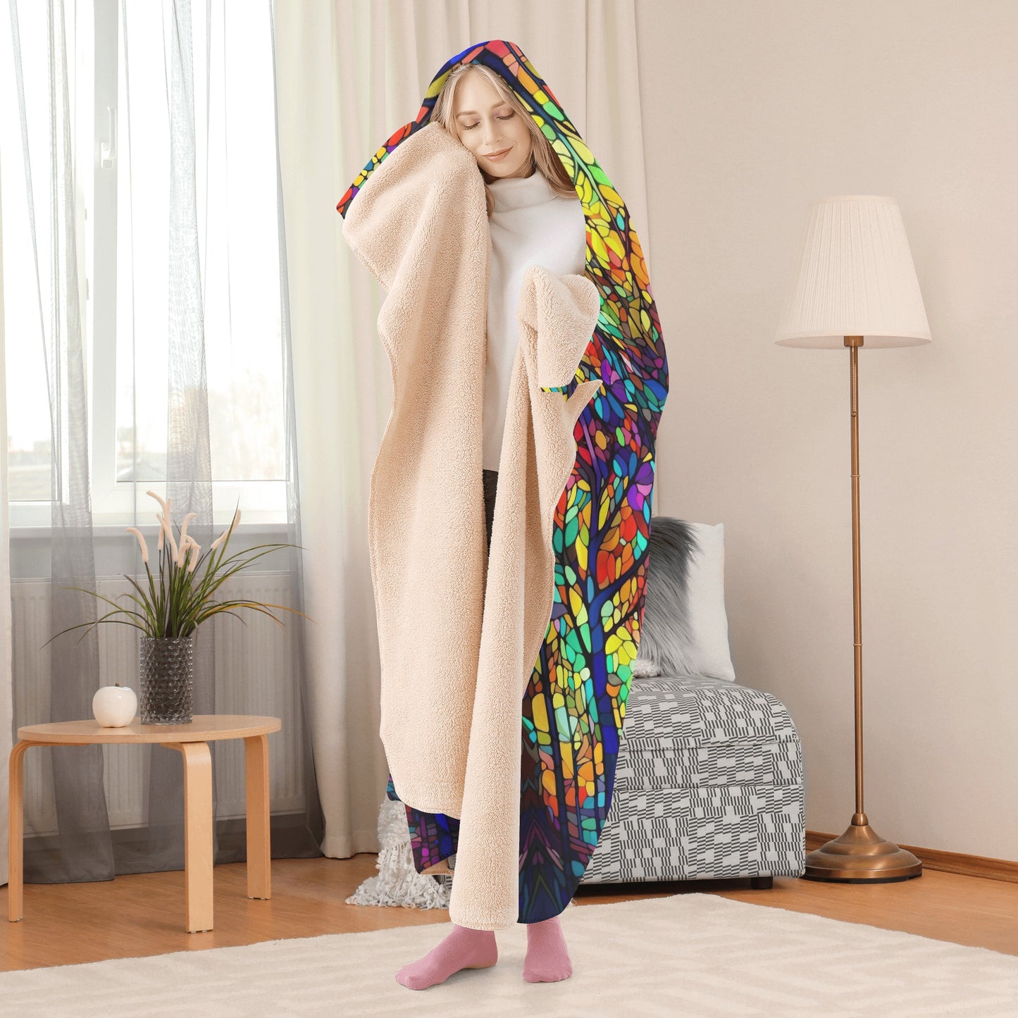 Dark Stained Glass Hooded Blanket - Micro Fleece Lining Cosy Sherpa Blanket