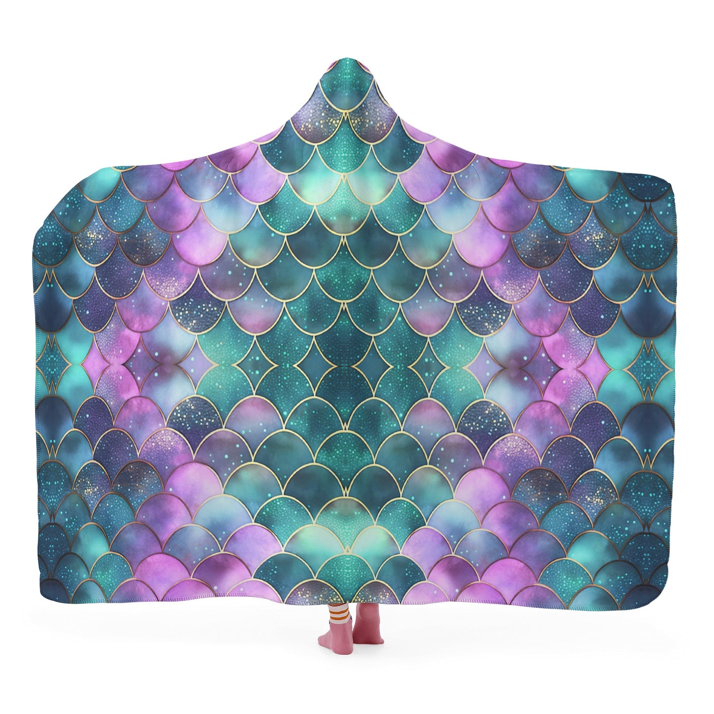 Mermaid Scales Hooded Blanket - Micro Fleece Lining Cosy Sherpa Blanket