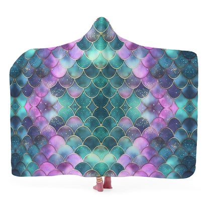 Mermaid Scales Hooded Blanket - Micro Fleece Lining Cosy Sherpa Blanket