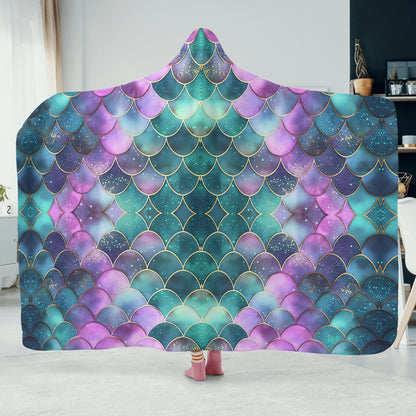 Mermaid Scales Hooded Blanket - Micro Fleece Lining Cosy Sherpa Blanket