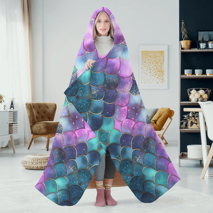 Mermaid Scales Hooded Blanket - Micro Fleece Lining Cosy Sherpa Blanket