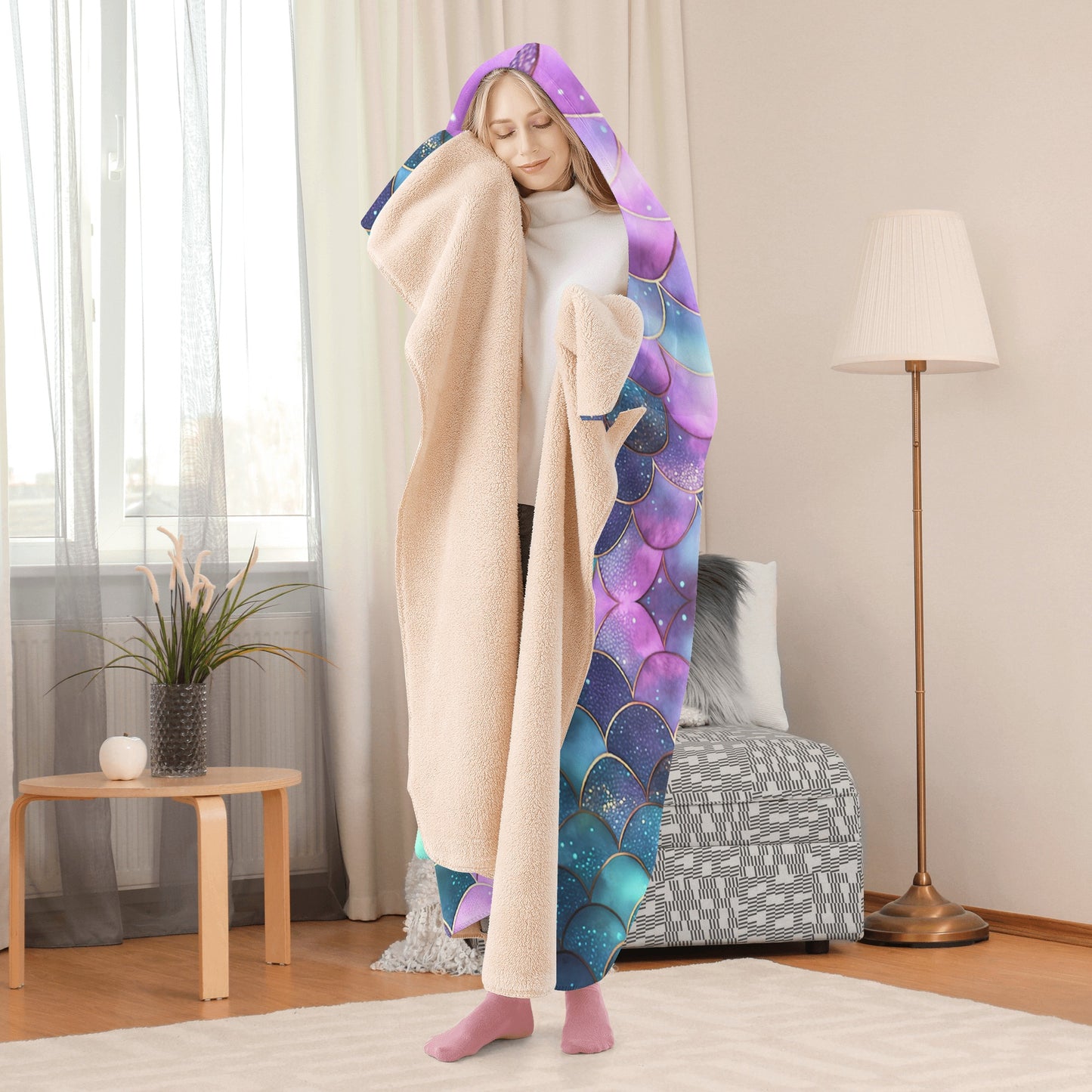 Mermaid Scales Hooded Blanket - Micro Fleece Lining Cosy Sherpa Blanket
