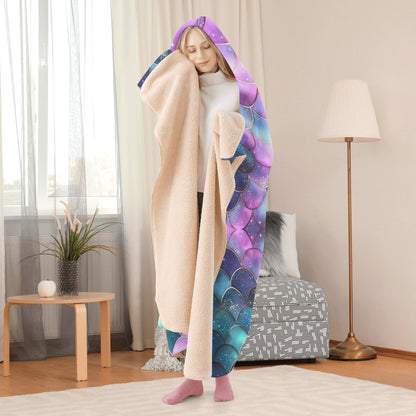 Mermaid Scales Hooded Blanket - Micro Fleece Lining Cosy Sherpa Blanket