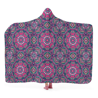 Funky Pink Mandala Hooded Blanket - Micro Fleece Lining Cosy Sherpa Blanket