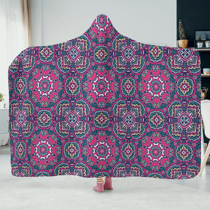 Funky Pink Mandala Hooded Blanket - Micro Fleece Lining Cosy Sherpa Blanket