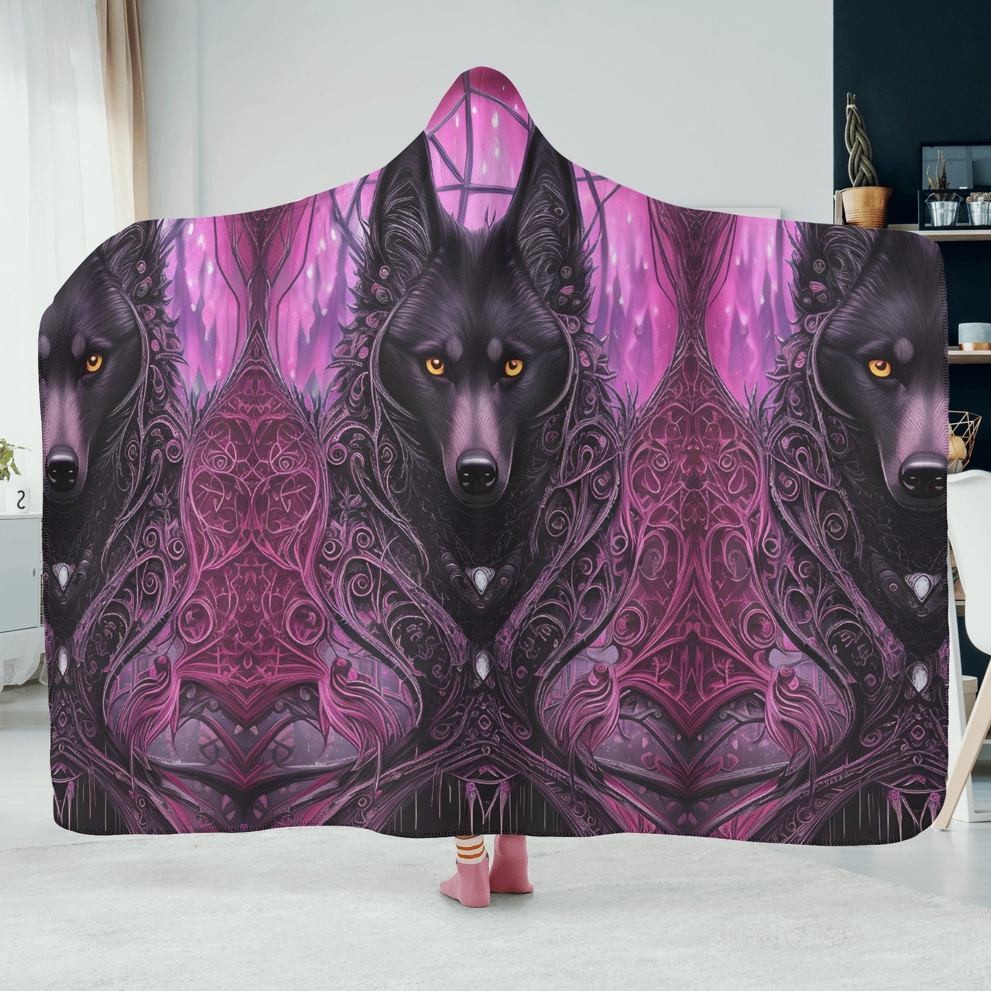 Wolf Midnight Purple Hooded Blanket - Micro Fleece Lining Cosy Sherpa Blanket