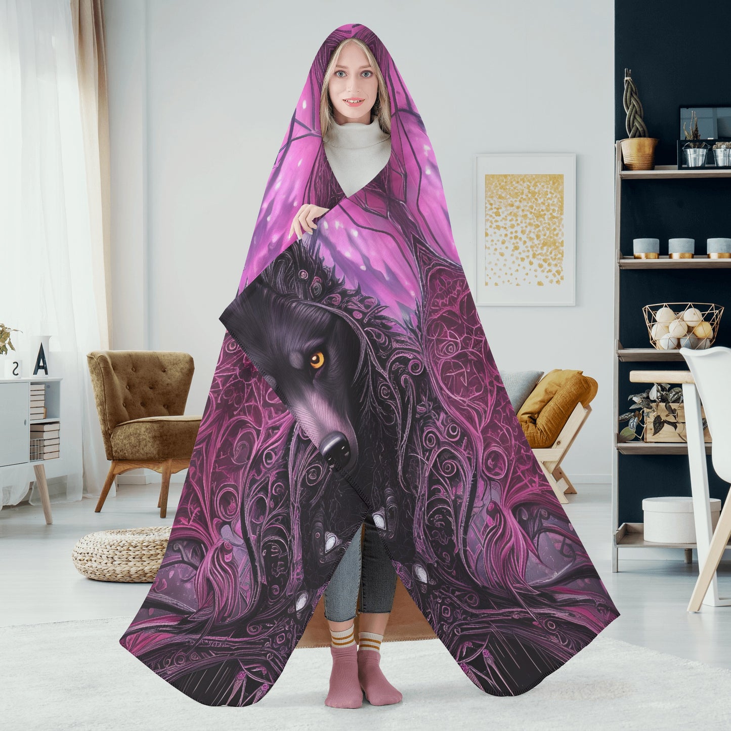 Wolf Midnight Purple Hooded Blanket - Micro Fleece Lining Cosy Sherpa Blanket