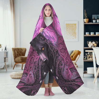 Wolf Midnight Purple Hooded Blanket - Micro Fleece Lining Cosy Sherpa Blanket