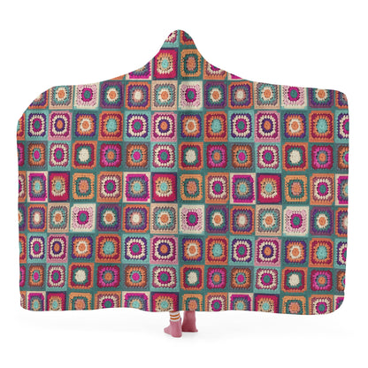 Granny Squares Hooded Blanket - Micro Fleece Lining Cosy Sherpa Blanket