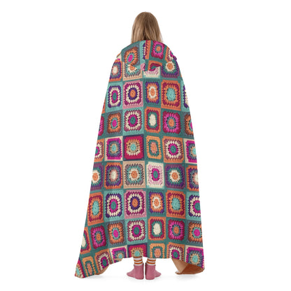 Granny Squares Hooded Blanket - Micro Fleece Lining Cosy Sherpa Blanket