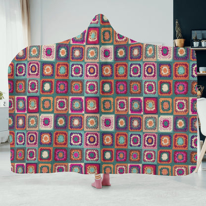 Granny Squares Hooded Blanket - Micro Fleece Lining Cosy Sherpa Blanket