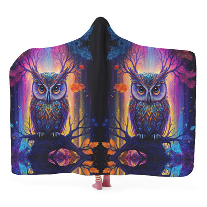 Psychedelic Owl Hooded Blanket - Micro Fleece Lining Cosy Sherpa Blanket