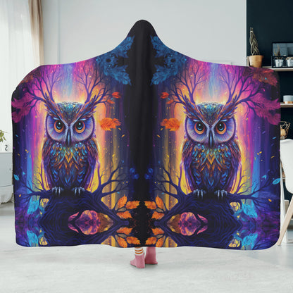 Psychedelic Owl Hooded Blanket - Micro Fleece Lining Cosy Sherpa Blanket