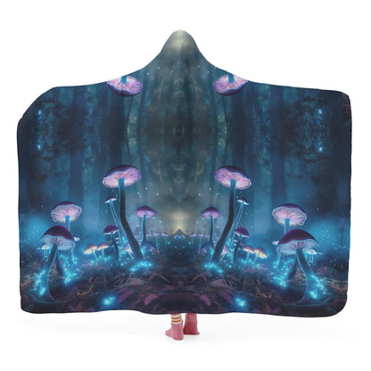 Blue Mushroom Hooded Blanket - Micro Fleece Lining Cosy Sherpa Blanket