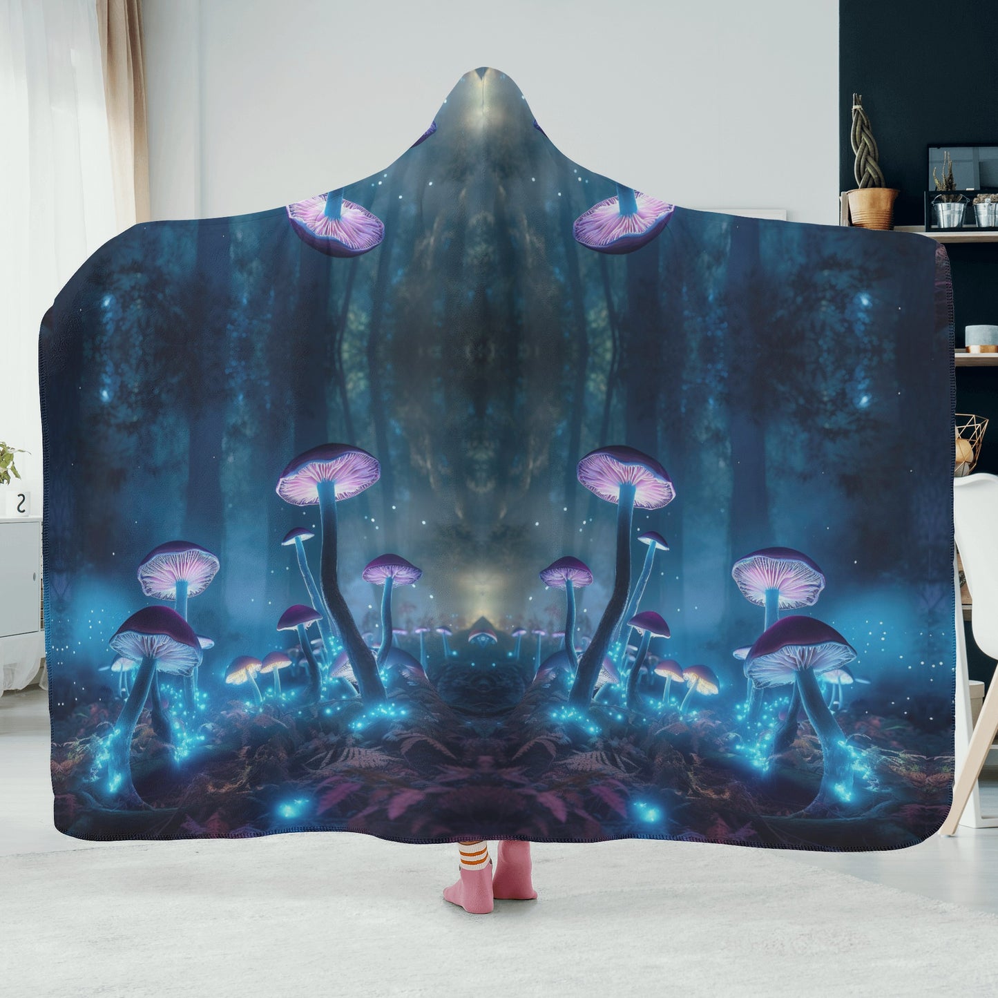 Blue Mushroom Hooded Blanket - Micro Fleece Lining Cosy Sherpa Blanket