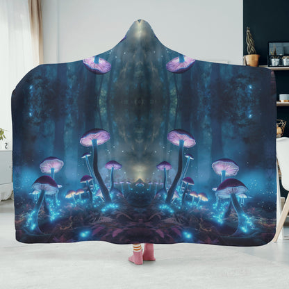 Blue Mushroom Hooded Blanket - Micro Fleece Lining Cosy Sherpa Blanket