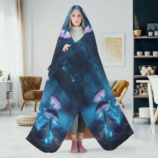 Blue Mushroom Hooded Blanket - Micro Fleece Lining Cosy Sherpa Blanket