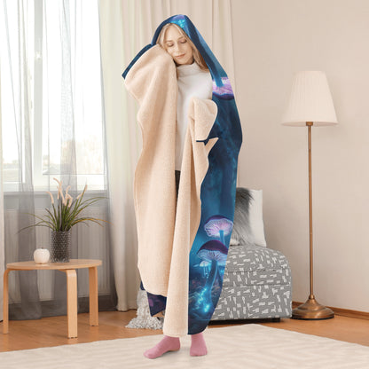 Blue Mushroom Hooded Blanket - Micro Fleece Lining Cosy Sherpa Blanket
