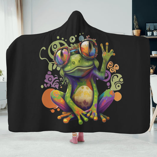 Hippy Peace Frog Black Hooded Blanket - Fleece Lining Wearable Blanket Camping Travel Blanket