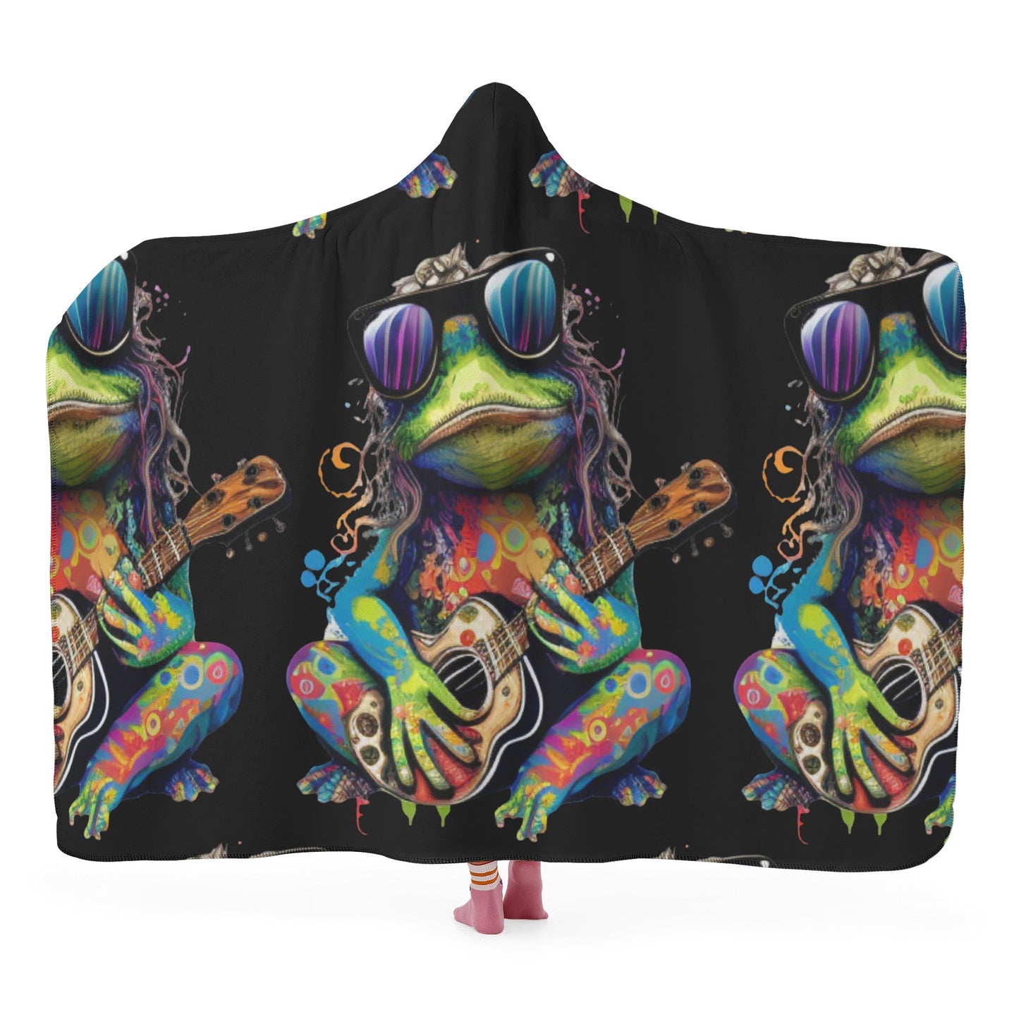 Guitar Hippy Frog Hooded Blanket - Micro Fleece Lining Cosy Sherpa Blanket
