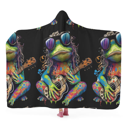 Guitar Hippy Frog Hooded Blanket - Micro Fleece Lining Cosy Sherpa Blanket