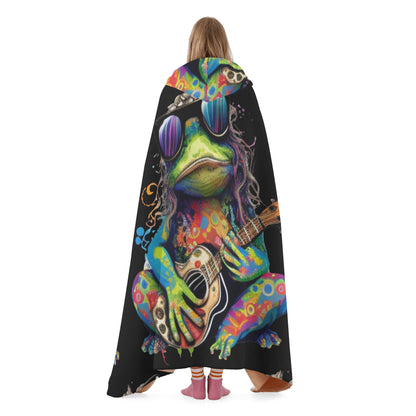 Guitar Hippy Frog Hooded Blanket - Micro Fleece Lining Cosy Sherpa Blanket