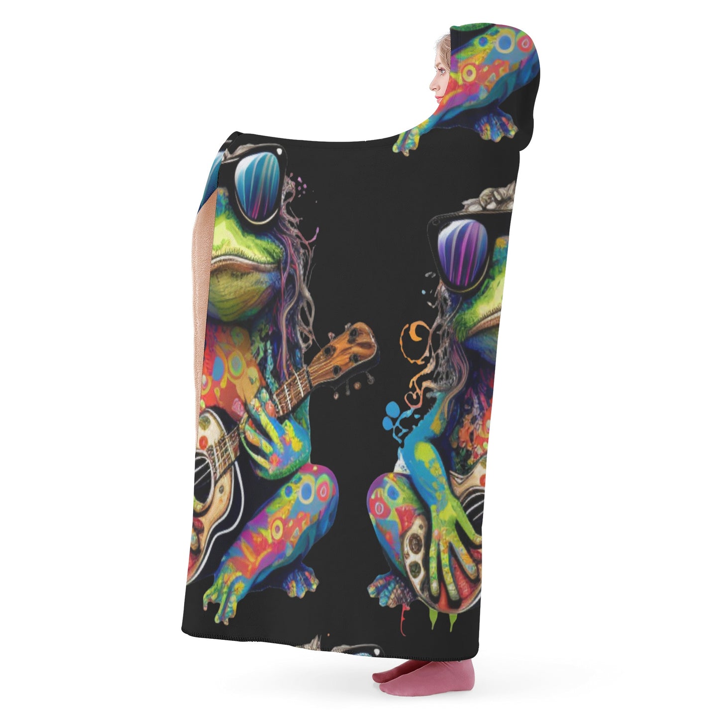 Guitar Hippy Frog Hooded Blanket - Micro Fleece Lining Cosy Sherpa Blanket