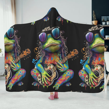 Guitar Hippy Frog Hooded Blanket - Micro Fleece Lining Cosy Sherpa Blanket