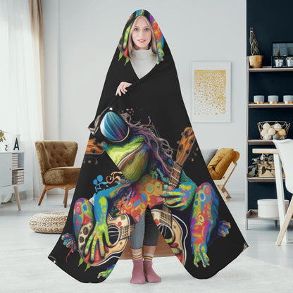 Guitar Hippy Frog Hooded Blanket - Micro Fleece Lining Cosy Sherpa Blanket