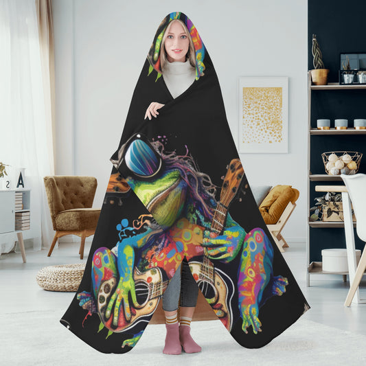Guitar Hippy Frog Hooded Blanket - Micro Fleece Lining Cosy Sherpa Blanket