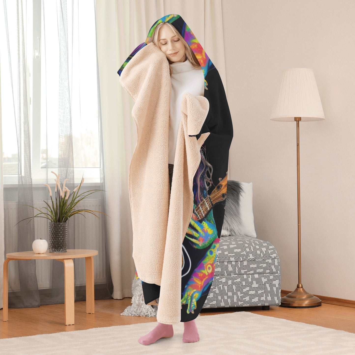 Guitar Hippy Frog Hooded Blanket - Micro Fleece Lining Cosy Sherpa Blanket