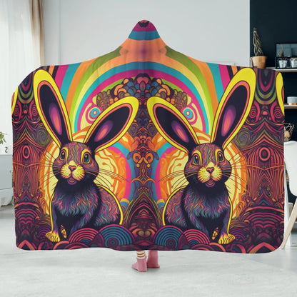 Psycho Rabbit Hooded Blanket - Micro Fleece Lining Cosy Sherpa Blanket
