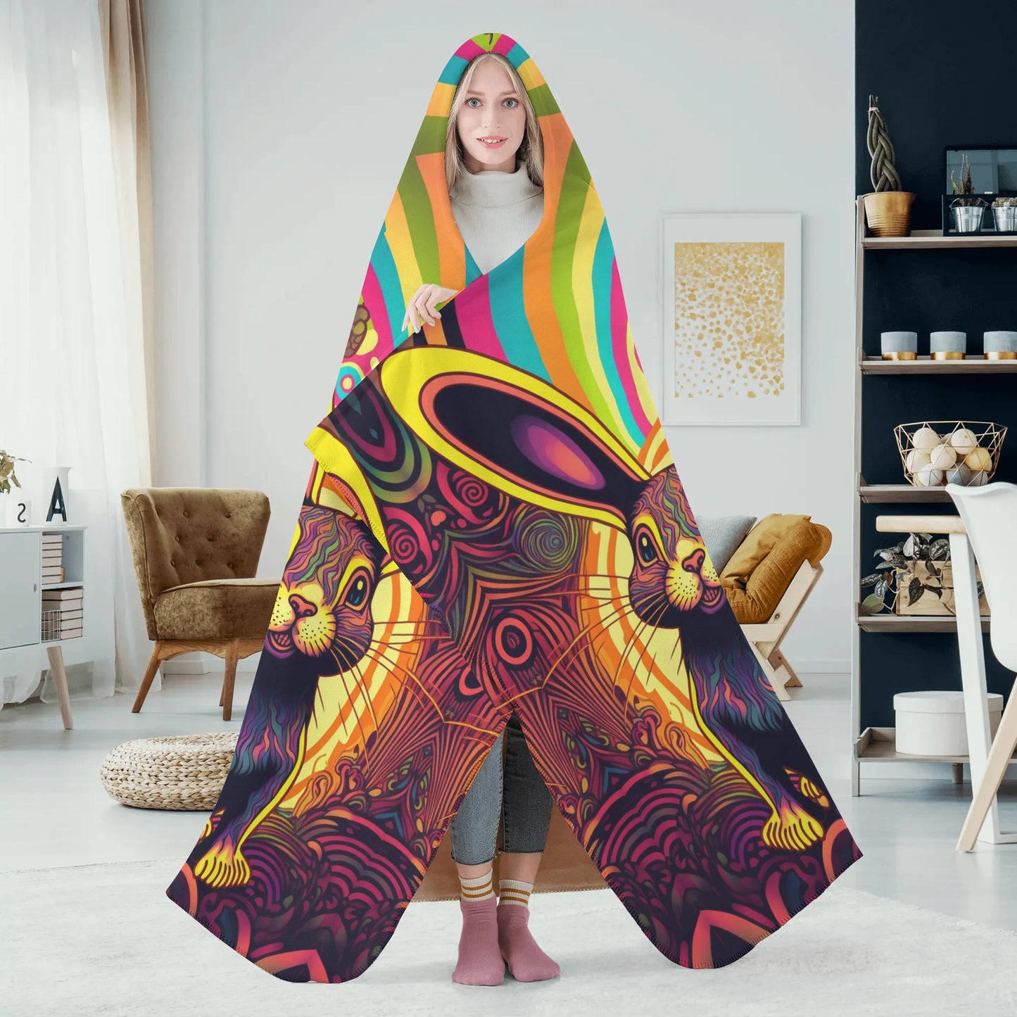 Psycho Rabbit Hooded Blanket - Micro Fleece Lining Cosy Sherpa Blanket