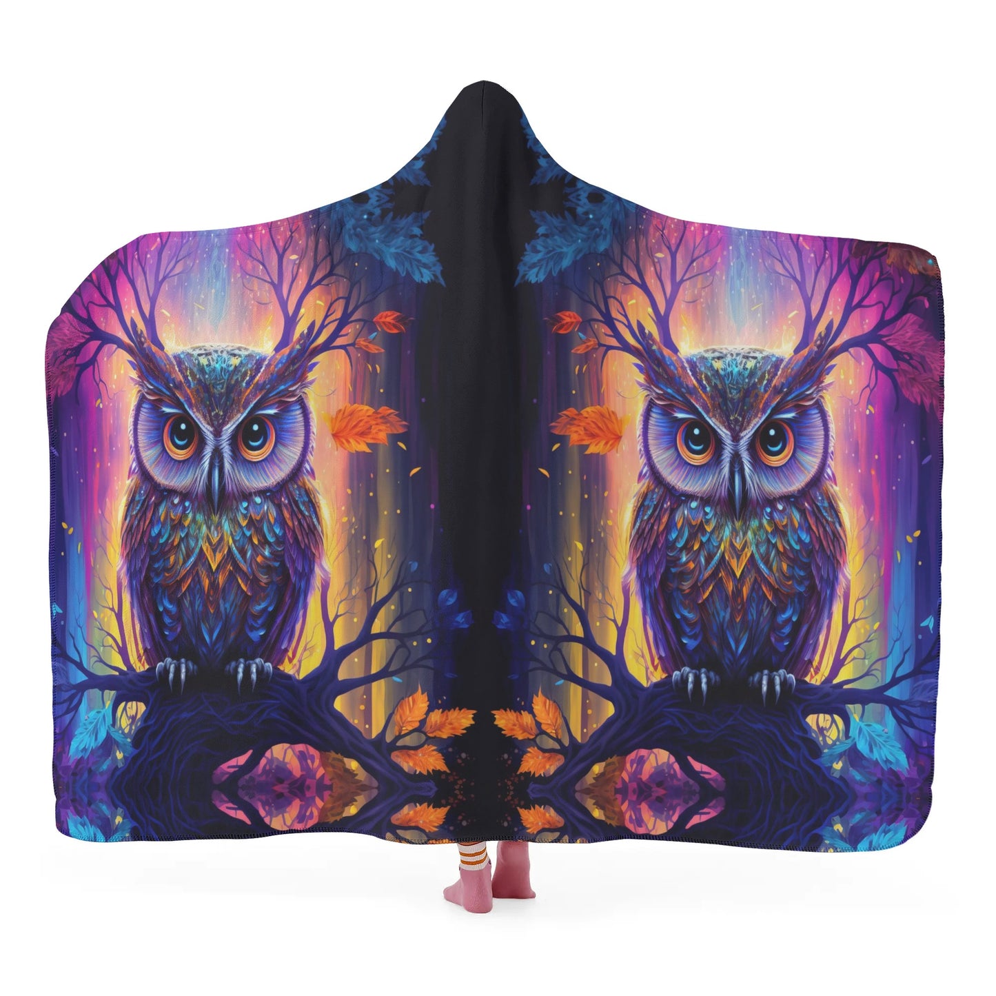 Psychedelic Owl Hooded Blanket - Micro Fleece Lining Cosy Sherpa Blanket