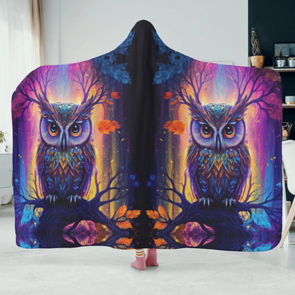 Psychedelic Owl Hooded Blanket - Micro Fleece Lining Cosy Sherpa Blanket