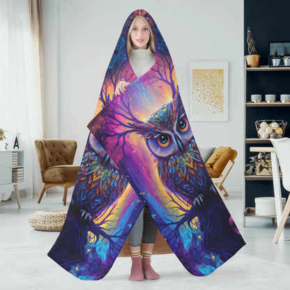 Psychedelic Owl Hooded Blanket - Micro Fleece Lining Cosy Sherpa Blanket