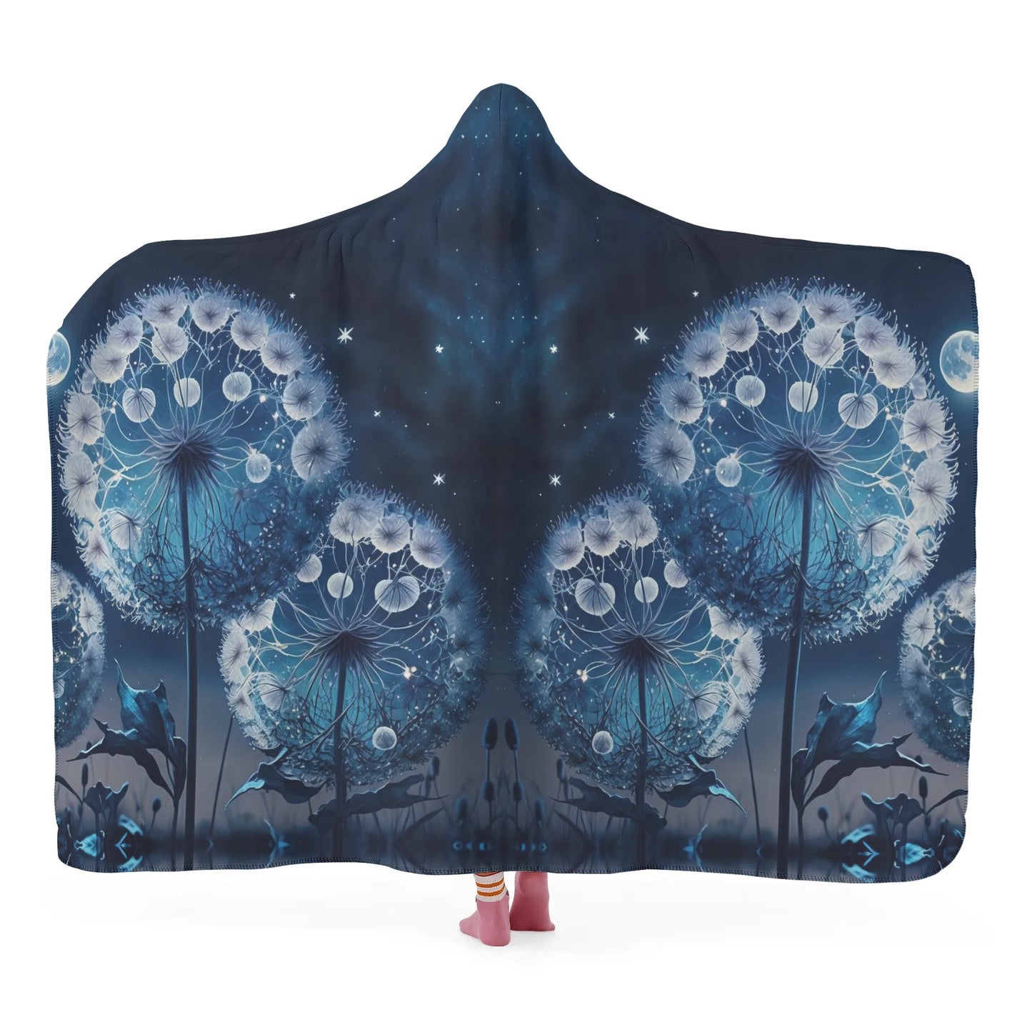 Blue Dandelion Hooded Blanket - Micro Fleece Lining Cosy Sherpa Blanket