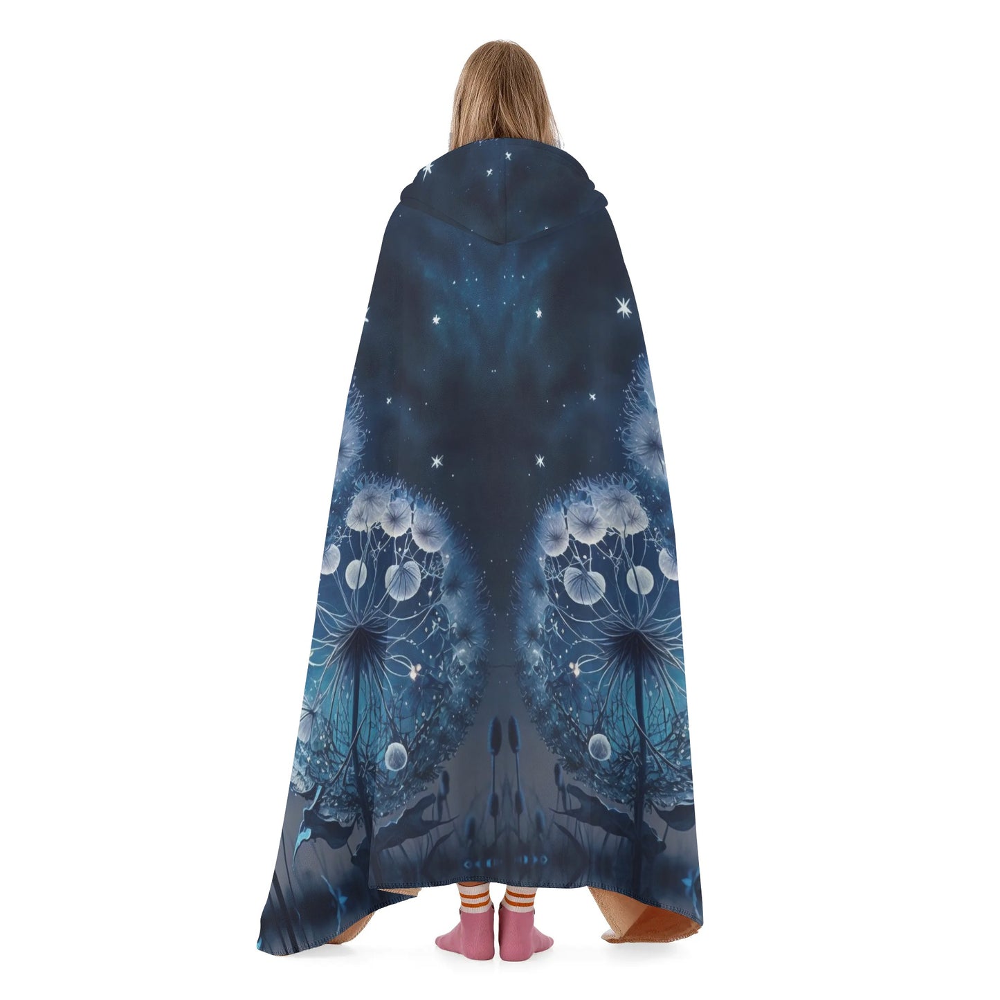 Blue Dandelion Hooded Blanket - Micro Fleece Lining Cosy Sherpa Blanket