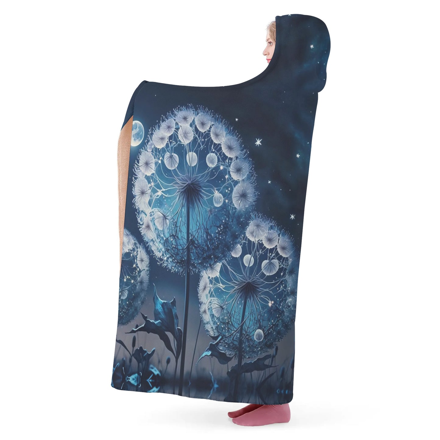 Blue Dandelion Hooded Blanket - Micro Fleece Lining Cosy Sherpa Blanket