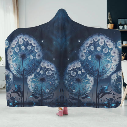Blue Dandelion Hooded Blanket - Micro Fleece Lining Cosy Sherpa Blanket