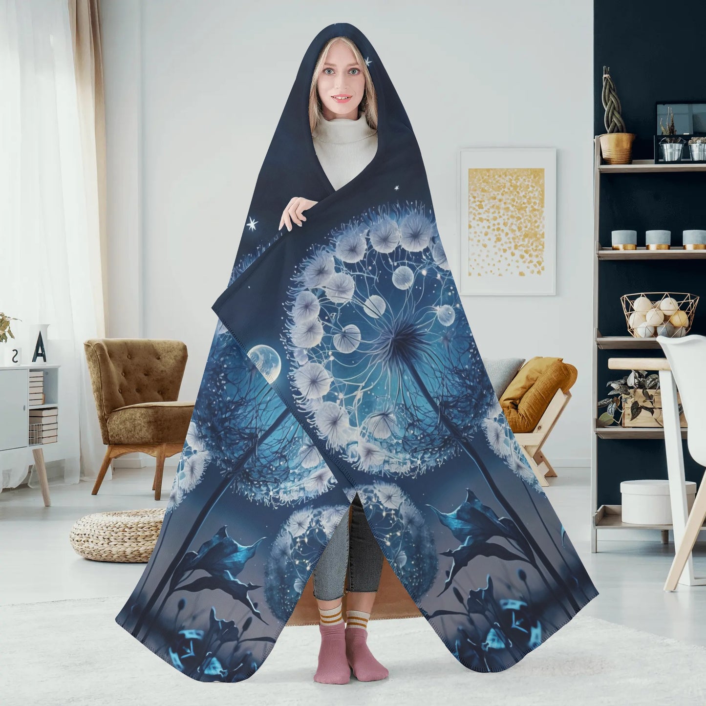 Blue Dandelion Hooded Blanket - Micro Fleece Lining Cosy Sherpa Blanket