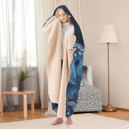 Blue Dandelion Hooded Blanket - Micro Fleece Lining Cosy Sherpa Blanket